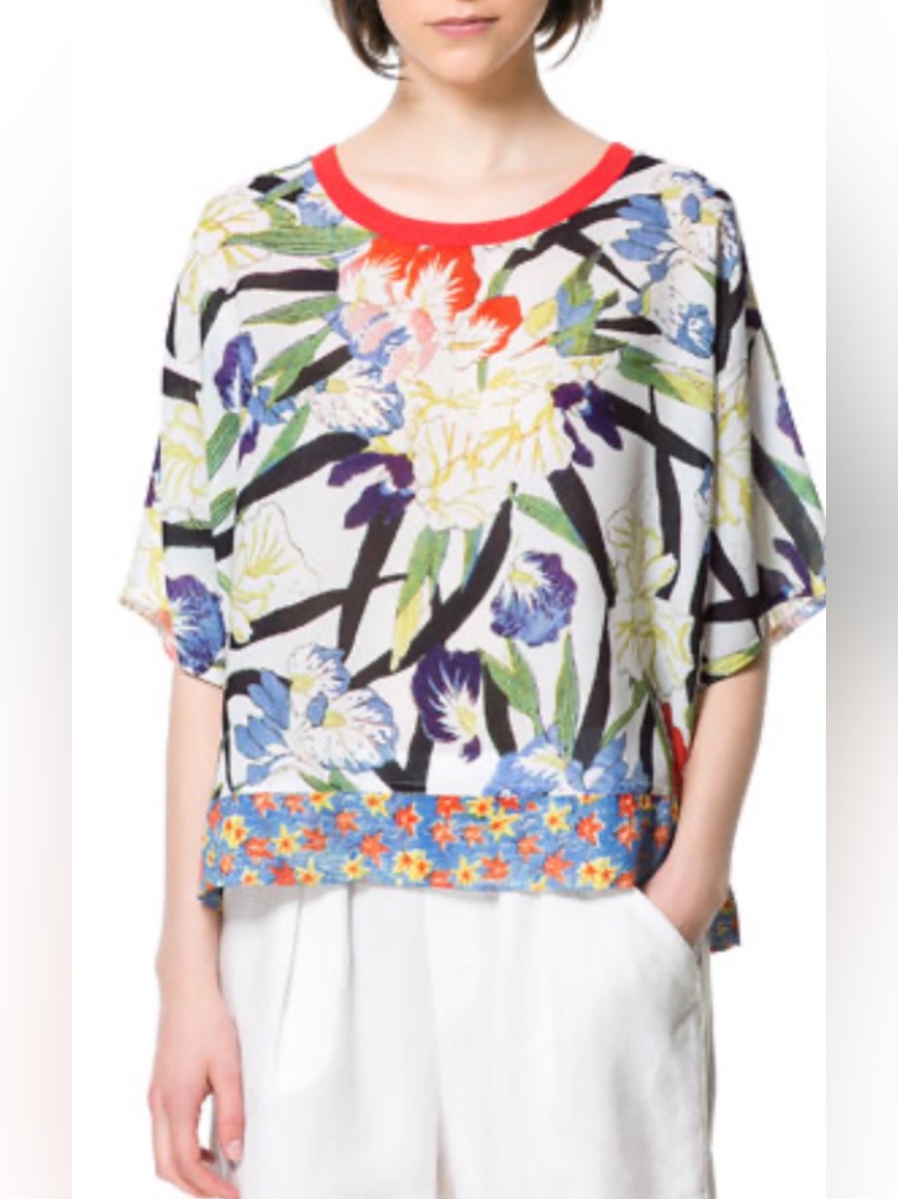Zara Floral Print Boxy Top with Poppy Red Trim